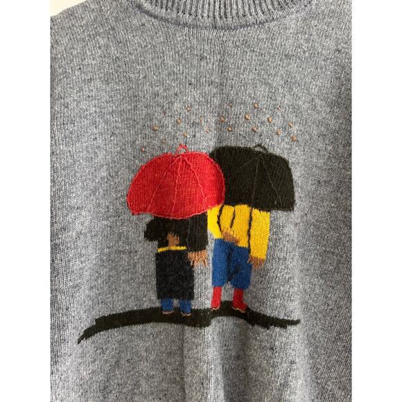 VINTAGE Hand Knit Sweater Friends Under Umbrellas Size Small - Picture 2 of 4